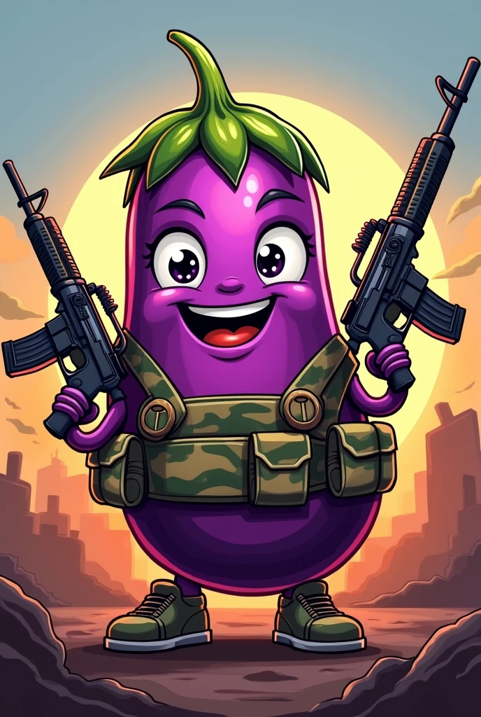 Make me a logo of brinjal with face in BGMI theme with m416