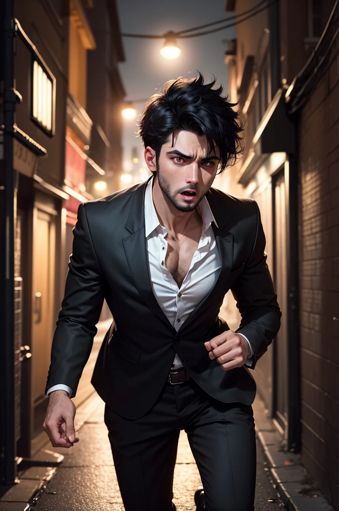 Realistic 8k image of a 25 year old man, short black hair, wearing a black blazer with a white blouse underneath, expression of fear, running in a narrow night alley, night scene