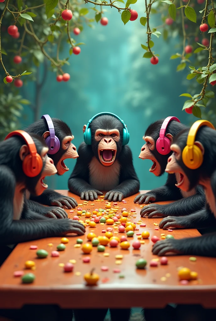 Several VERY angry monkeys arguing at a table wearing cartoon style headphones