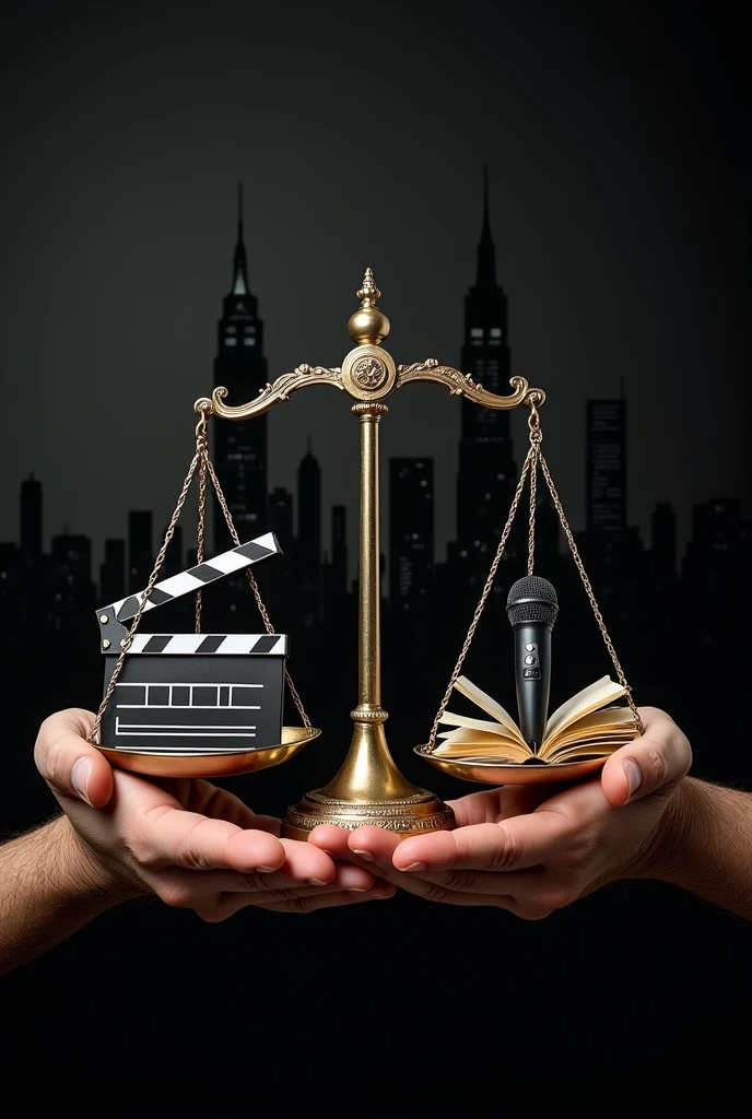 a pair of hands holding a scale of justice, where each pan of the scale contains cultural symbols, such as a movie clapperboard, a microphone, an open book and a cell phone. In the background, there could be silhouettes of a modern city, representing the consumer society, and subtle icons of money, reflecting commercialization. The contrast between light and shadow can be used to symbolize ethical conflict, highlighting the tension between artistic creation and moral issues. The background must be black