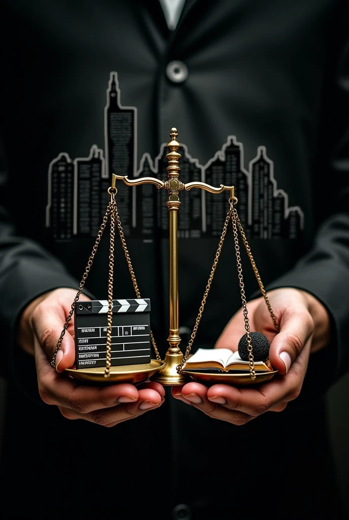 a pair of hands holding a scale of justice, where each pan of the scale contains cultural symbols, such as a movie clapperboard, a microphone, an open book and a cell phone. In the background, there could be silhouettes of a modern city, representing the consumer society, and subtle icons of money, reflecting commercialization. The contrast between light and shadow can be used to symbolize ethical conflict, highlighting the tension between artistic creation and moral issues. The background must be black