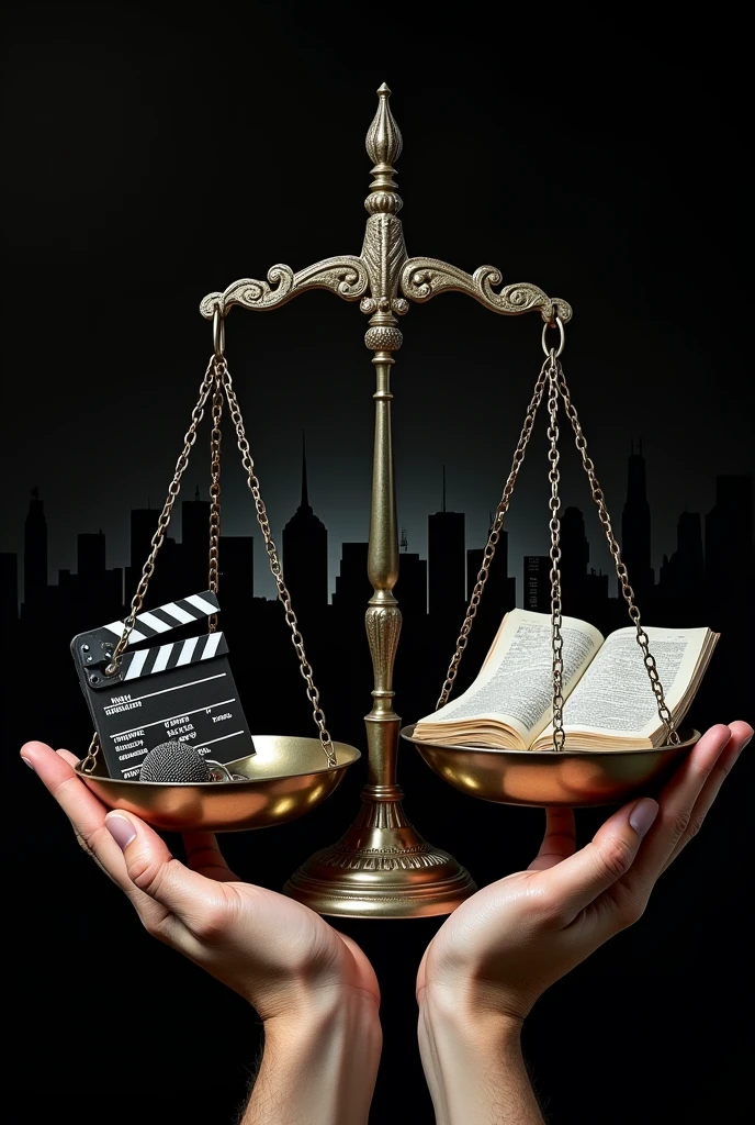 a pair of hands holding a scale of justice, where each pan of the scale contains cultural symbols, such as a movie clapperboard, a microphone, an open book and a cell phone. In the background, there could be silhouettes of a modern city, representing the consumer society, and subtle icons of money, reflecting commercialization. The contrast between light and shadow can be used to symbolize ethical conflict, highlighting the tension between artistic creation and moral issues. The background must be black