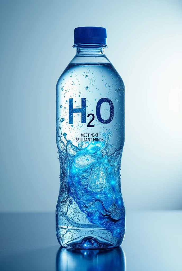 (photorealism:1.2), logo for a bottle of water, that includes scientific concepts, like h2o, using the name of math and science contest: meeting of brilliant minds, using bright colors