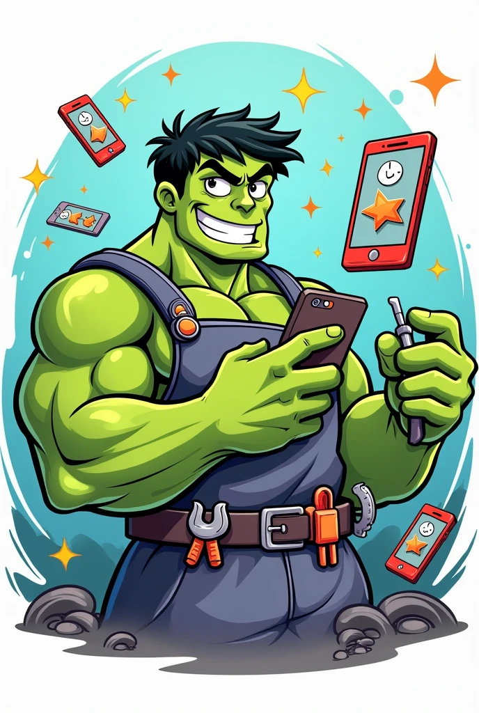Make a logo where Hulk fixes cell phones, do it in an inviting way 