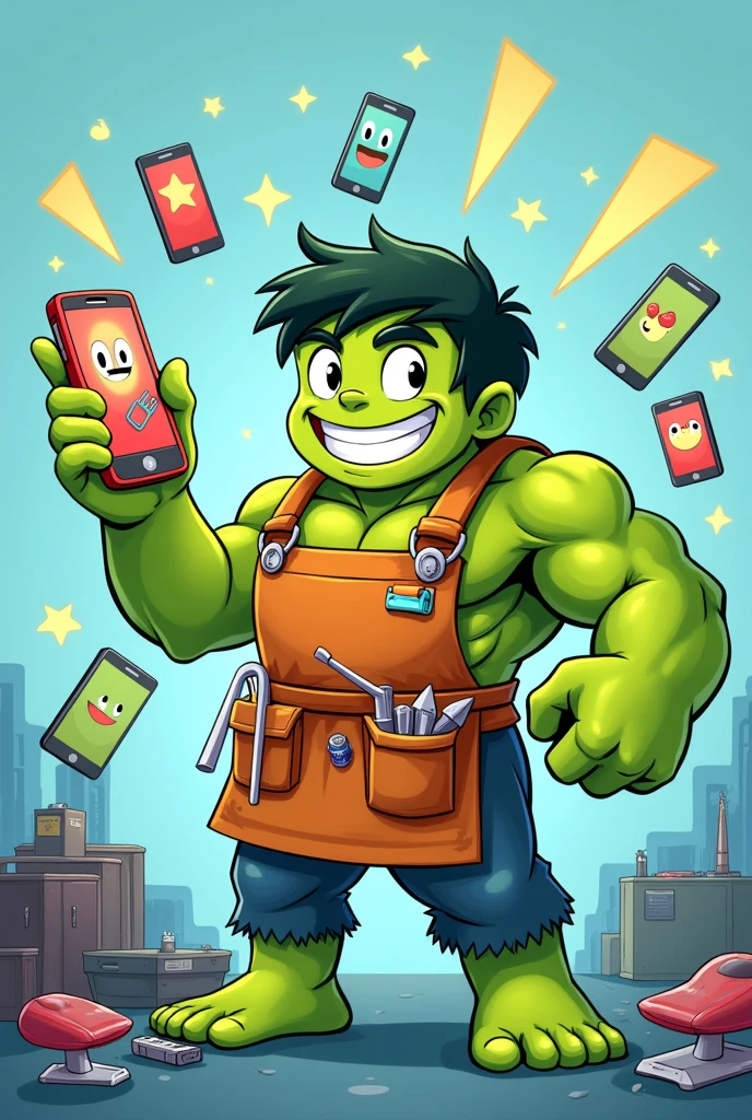 Make a logo where Hulk fixes cell phones, do it in an inviting way 