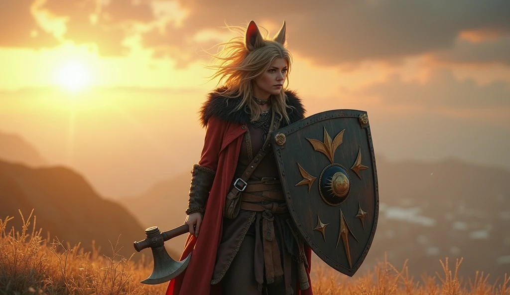 Light-haired Vulpera with small Axe and very large square Shield with Epic Horizon in the background realistic
