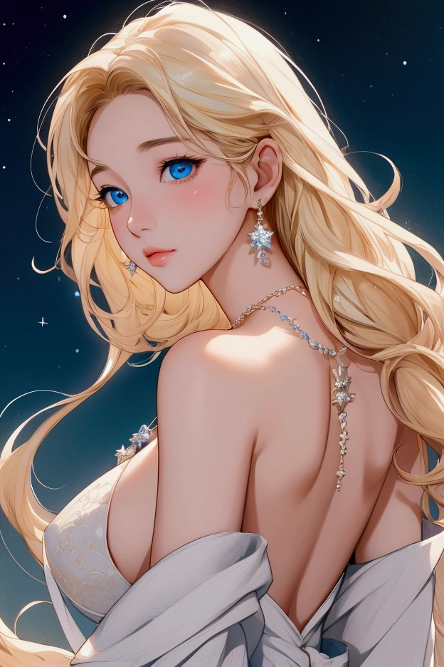 (masterpiece、Highest quality、8k、High resolution)、(The best beautiful girl)、Best Style、(The most beautiful face)、Clear skin、Clean blue eyes、Beautiful lips、Beautiful nose、Blonde Hair、Ample breasts、Walking on the sand、look back、The line of the buttocks is round and beautiful.、Ocean、You can see the forest、A bright night with stars visible、Beautiful starry sky、milky way、(体whole bodyから神秘的な光の粒子、Colorful Light)、The face looks beautiful、(jewelry、necklace)、dress、(whole body)、Highly detailed anime art、A complete portrayal、