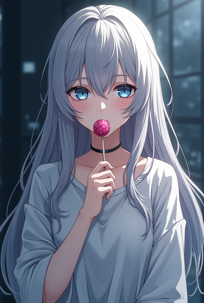 An anime girl, ruffled long hair, silver hair, beautiful, lazy look, sucking on small lollipop, bored eyes, oversized white shirt, half body, cold, dark theme, cool pose