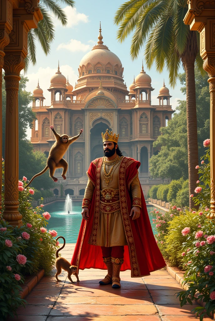 The King’s Palace: A grand palace with intricate Indian architecture, surrounded by lush green gardens. The king, wearing traditional royal attire with a crown, is walking through the garden, accompanied by a playful monkey.