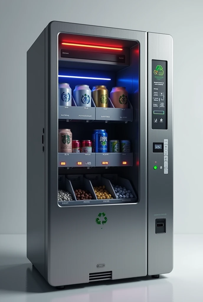 Create a vending machine that segregate metal, plastic and paper with an indicator of LED in red for metal, blue for plastic, yellow for paper and green for no object detect. We have also an indicator of LCD2004 and buzzer give me some good design for the project with on input and the output will be inside as a bin or trash.