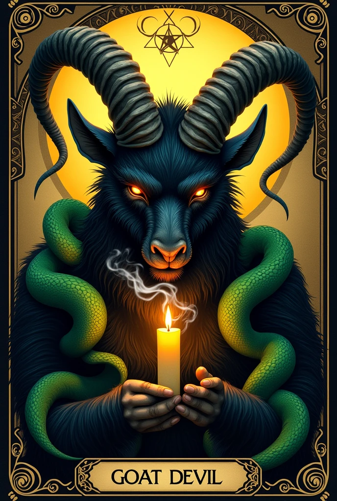 Goat Devil black, tarot, smoking, Golden, candlelight! Silver! Card tarot! (Voodoo) Firme eyes! 8k, realist, 3 snakes green!