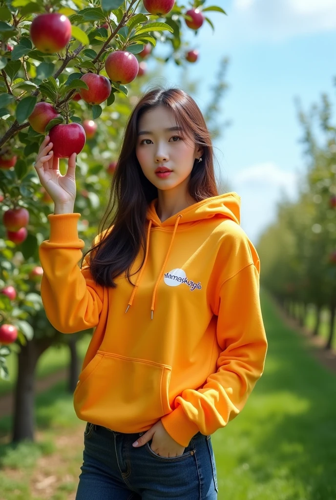 Beautiful white Korean woman with clean, smooth skin wearing a yellow orange hoodie, mamaskygibs logo, dark blue jeans, sandals, looking straight ahead picking apples, apple tree, with apple orchard in the background, original photo