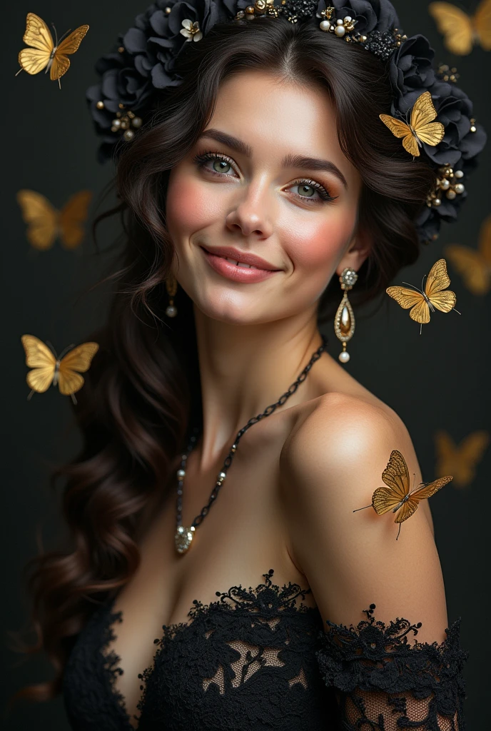 A full-body shot of a very Norway beautiful woman smile, hyperdetailed faces, rendered in the ultra-detailed style of fractal art, now infused with the enchanting touch of Benjamin Lacombe. The mesmerizing and colorful display captures her in meticulous detail, from the delicate lace adorning her attire to the elegant jewelry enhancing her beauty. Surrounding her are blooming black flowers, their dark elegance contrasting vibrantly with the scene. Intricate golden butterflies flutter gracefully around, adding a whimsical yet harmonious element to this visually stunning composition, masterpiece, UHD, 18K