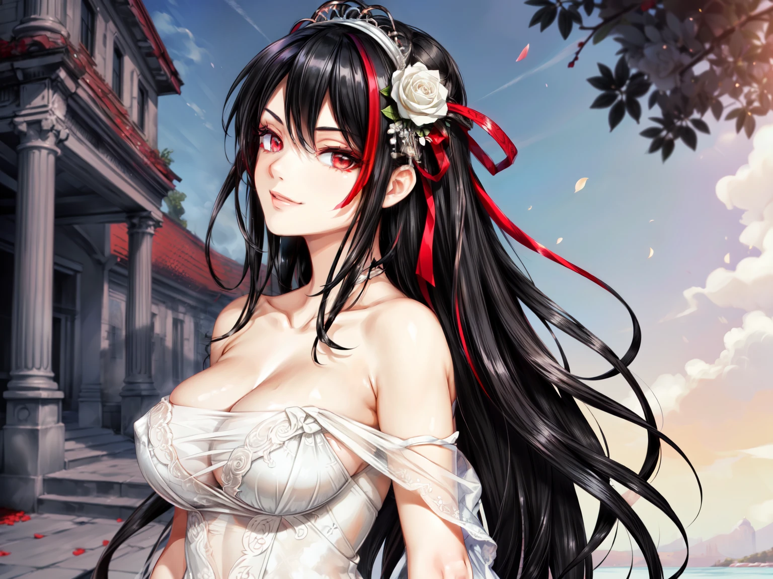 (masterpiece, best quality, beautiful and aesthetic:1.3), look back, side view, 1woman, ((very mature woman)),(30 years old, thirties), solo, light smile, (bred hair streaked black:1.4), (Gradient black hair ends:1.6), hair strand, absurdly hair, single sidelock, wavy hair, shiny hair, floating hair, (deep red eyes), delicate eyes, aqua eyes, super high detailed eyes, long upper eyelashes, makeup, Focus on face, Very detailed facial, Pretty Face, Perfect breasts, hot body, (Delicate skin texture:1.2), bridal veil, (Red lace-trimmed dress), see-through, (Red wedding dress), outdoors, white roses, garden, morning, standing, extreme detailed, light smile