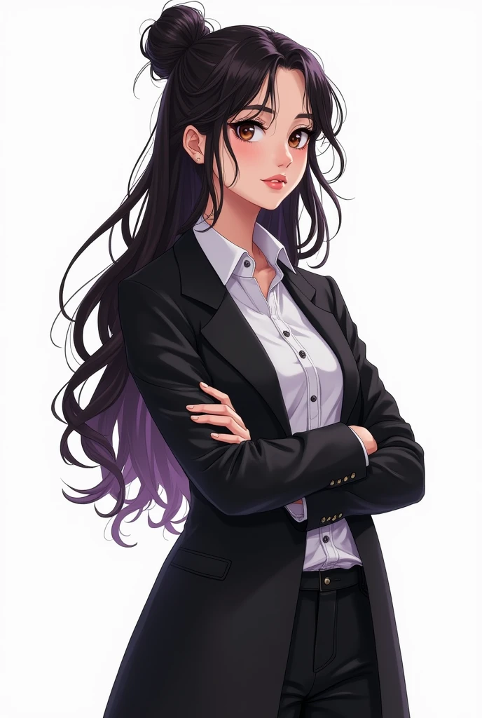 20 year old western college woman would be she has long and very dark hair, with a few purple lighting points. Eyes in a dark brown shade, she usually has a loose bun, wear clothes in neutral colors (usually makes a play with black and gray and white details, It has a kind of dark academia style, no back ground, graphic novel art style