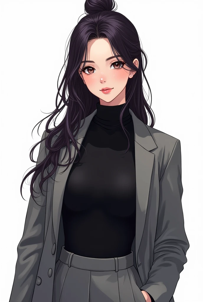 20 year old western college woman would be she has long and very dark hair, with a few purple lighting points. Eyes in a dark brown shade, she usually has a loose bun, wear clothes in neutral colors (usually makes a play with black and gray and white details, It has a kind of dark academia style, no back ground, graphic novel art style