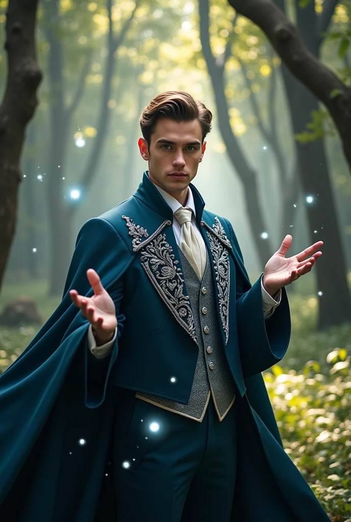 wizard man, handsome adult, tall young man blue eyes Realistic, elegant magician suit, moreno