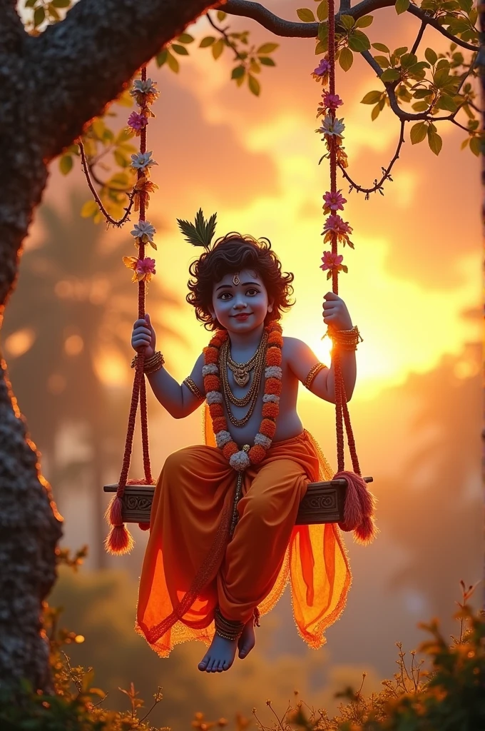 A beautiful Krishna sitting on jhula and his give beautiful smile and the day is sun set