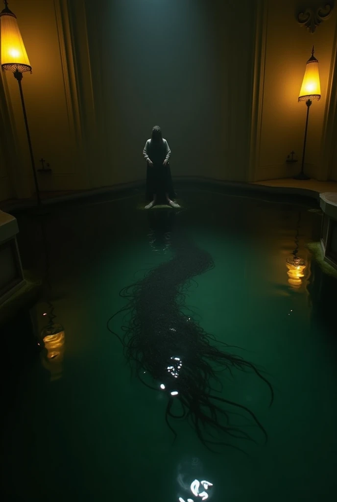 A dark room, with a pool with dark green water, with a yellow lamp hanging on the left wall, a yellow lamp hanging on the right wall and a back and long curly hair in the pool