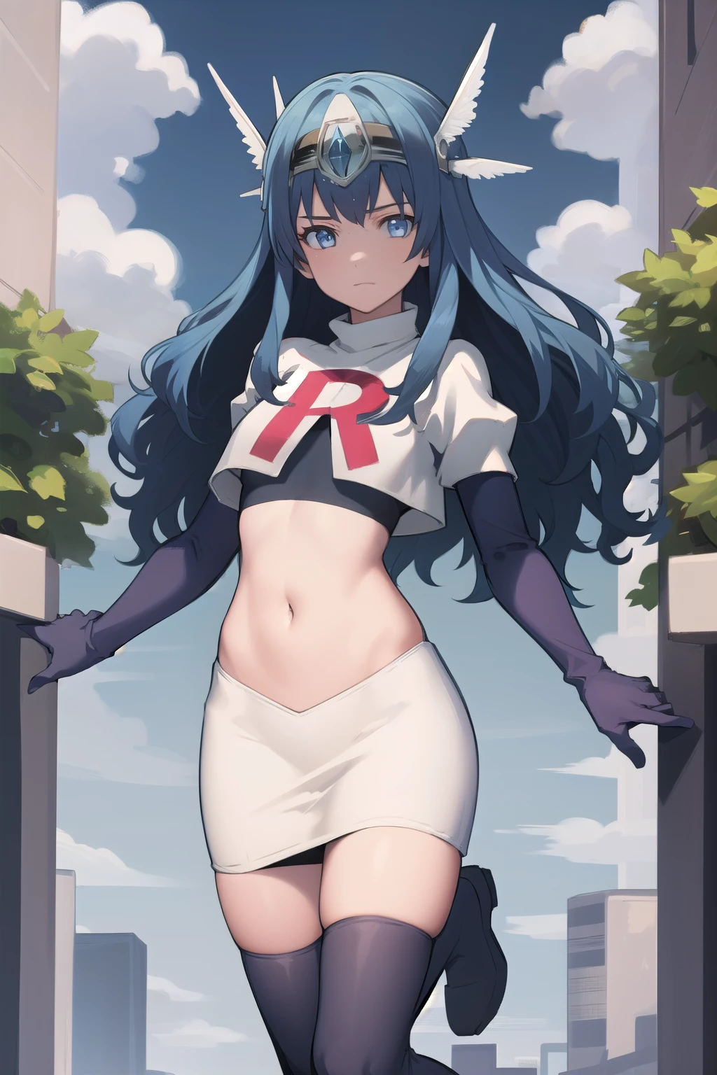 best quality, (masterpiece:1.2), illustration, absurdres,
(1girl, solo), (beautiful detailed girl),
blue hair, long hair, wavy hair, blue eyes, medium breasts,
winged visor, wing ornament, team rocket,team rocket uniform,white skirt,red letter R,crop top,black thigh-highs,black elbow gloves, looking at viewer,
magical forest, flowers, sky, clouds