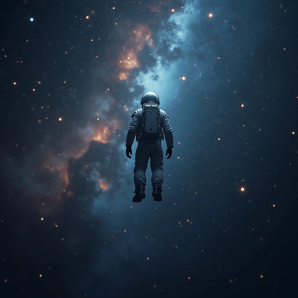 A small, lonely astronaut in a spacesuit floating in a vast starry sky、Dramatic contrast in scale、The back of an astronaut is placed small in the center of the frame.、Very detailed、Cinematic lighting、Volumetric lighting、Photorealistic、8k、Awards、Concept Art、Dramatic composition、Moody atmosphere、Deep Universe、Shining Star、nebula、Depth of written boundary、Godley、Realistic Textures、Intricate details、Hyperrealistic、Dramatic Shadows、Cinematic Color Palette、Beautiful lighting、masterpiece