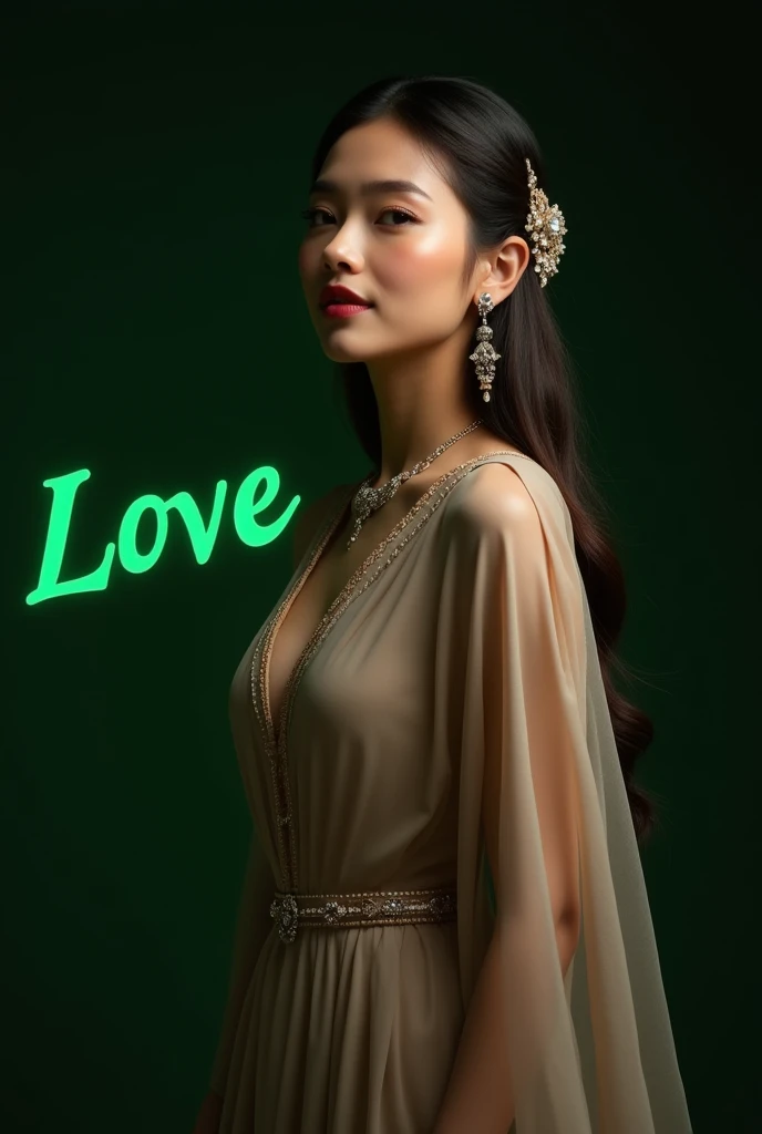 best quality, masterpiece,((text "LOVE" in foreground, big font, green text)) highres, 1girl, transparent silk china dress, beautiful face, hair ornament, looking at viewer, smile, closed mouth,lips, dress,hair ornament, necklace, jewelry, long hair, earrings, Beautiful face,upon_body, tyndall effect,photorealistic, dark studio, rim lighting, two tone lighting,(high detailed skin:1.2), 8k uhd, dslr, soft lighting, high quality, volumetric lighting, candid, Photograph, high resolution, 4k, 8k, Bokeh photo-realistic, 8k, highly detailed, full length frame, High detail RAW color art, diffused soft lighting, shallow depth of field, sharp focus, hyperrealism, cinematic lighting, a woman in a beautifully makeup, eyeshadow, beautiful big eyes, long eye lashes, wearing (Gray satin), loosely tide, ((Taupe satin kaftan)), 