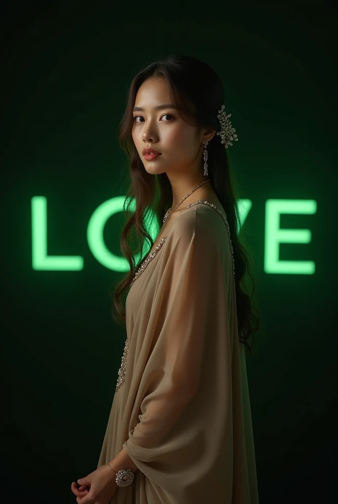 best quality, masterpiece,((text "LOVE" in foreground, big font, green text)) highres, 1girl, transparent silk china dress, beautiful face, hair ornament, looking at viewer, smile, closed mouth,lips, dress,hair ornament, necklace, jewelry, long hair, earrings, Beautiful face,upon_body, tyndall effect,photorealistic, dark studio, rim lighting, two tone lighting,(high detailed skin:1.2), 8k uhd, dslr, soft lighting, high quality, volumetric lighting, candid, Photograph, high resolution, 4k, 8k, Bokeh photo-realistic, 8k, highly detailed, full length frame, High detail RAW color art, diffused soft lighting, shallow depth of field, sharp focus, hyperrealism, cinematic lighting, a woman in a beautifully makeup, eyeshadow, beautiful big eyes, long eye lashes, wearing (Gray satin), loosely tide, ((Taupe satin kaftan)), 