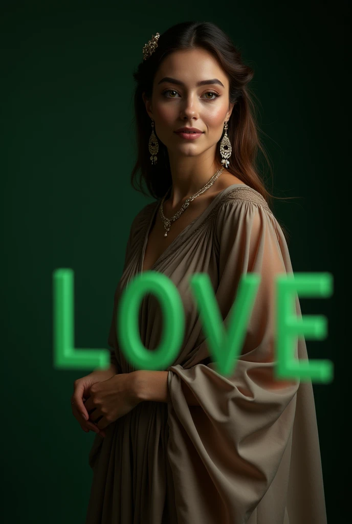 best quality, masterpiece,((text "LOVE" in foreground, big font, green text)) highres, 1girl, transparent silk china dress, beautiful face, hair ornament, looking at viewer, smile, closed mouth,lips, dress,hair ornament, necklace, jewelry, long hair, earrings, Beautiful face,upon_body, tyndall effect,photorealistic, dark studio, rim lighting, two tone lighting,(high detailed skin:1.2), 8k uhd, dslr, soft lighting, high quality, volumetric lighting, candid, Photograph, high resolution, 4k, 8k, Bokeh photo-realistic, 8k, highly detailed, full length frame, High detail RAW color art, diffused soft lighting, shallow depth of field, sharp focus, hyperrealism, cinematic lighting, a woman in a beautifully makeup, eyeshadow, beautiful big eyes, long eye lashes, wearing (Gray satin), loosely tide, ((Taupe satin kaftan)),