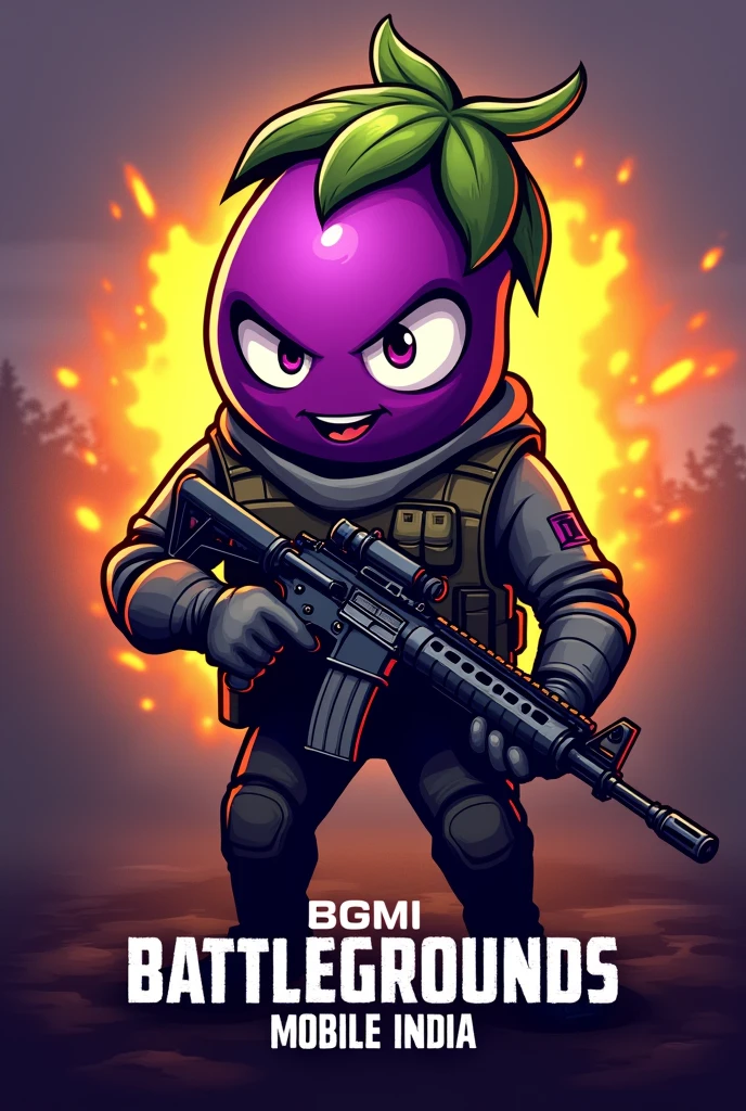 Make me a logo of brinjal with face in BGMI theme with m416