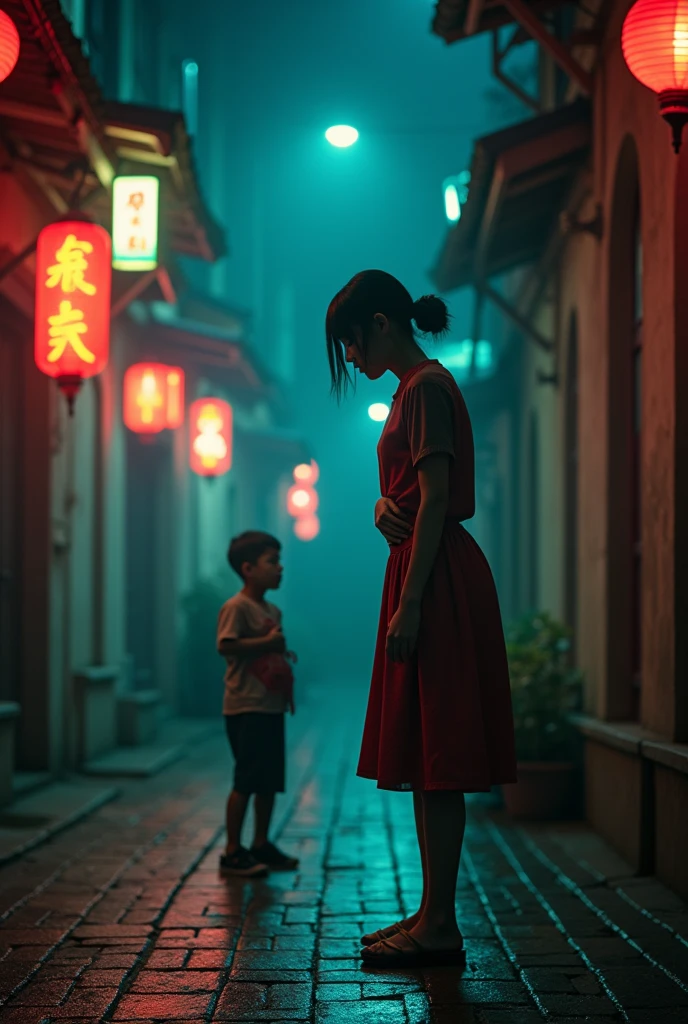 Chinese, very cute beautiful woman, killer neck break head rotates 180 degrees a boy blindfold bloody mouth vomit sadism