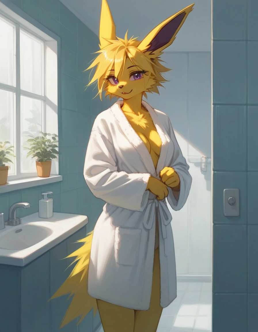 alone, score_9,score_8_up,score_7_up, anthro female jolteon, wearing bathrobe, bathroom, standing.