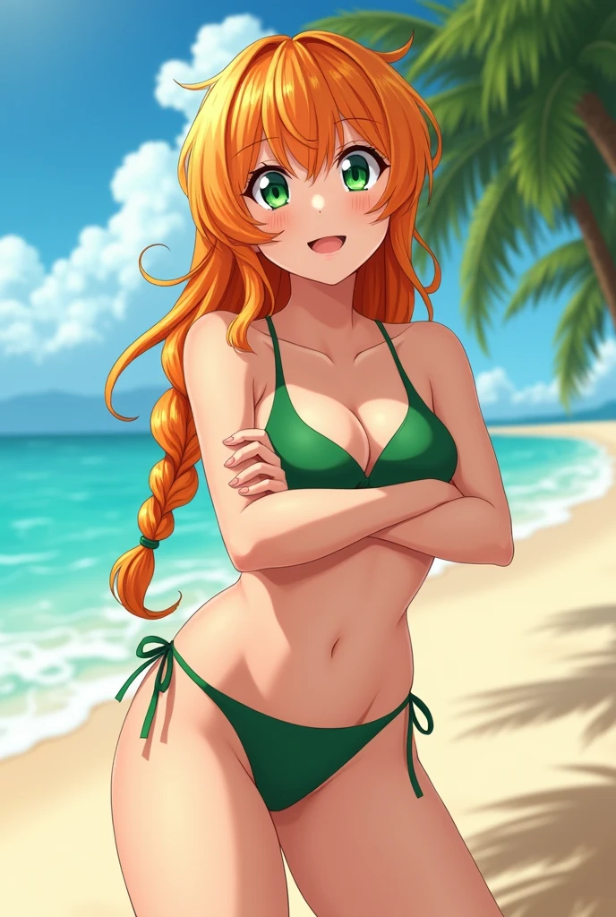 20 years old girl, orange blonde hair, green eyes, tsundere, long plait, green bikini, big boobs