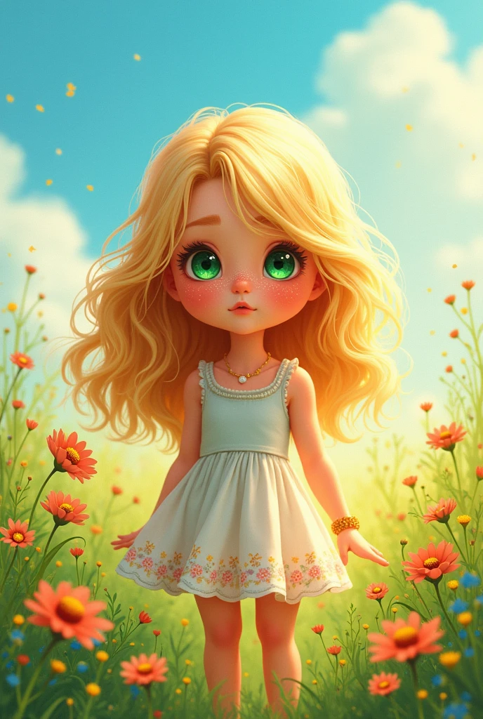 Blonde girl with freckles emerald eyes