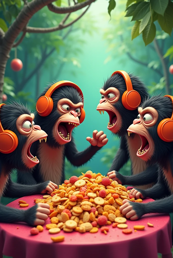 Several VERY angry monkeys arguing at a table wearing cartoon style headphones