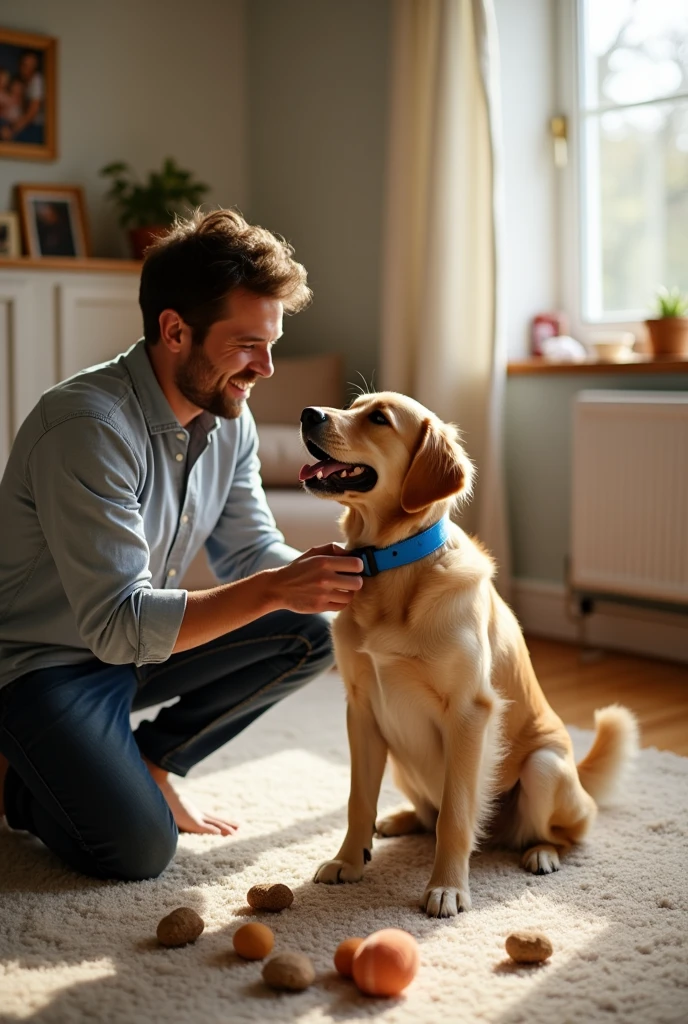 Man puts collar on his dog at home