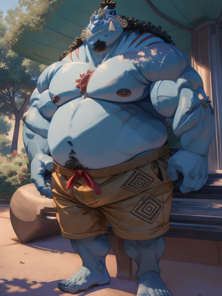 solo, 1boy, (jinbei:1.2, park, blue skin, shorts, smile) (muscular, pectoral, chubby) (topless, shirtless), park background, masterpiece, high detailed, 8k, high resolution