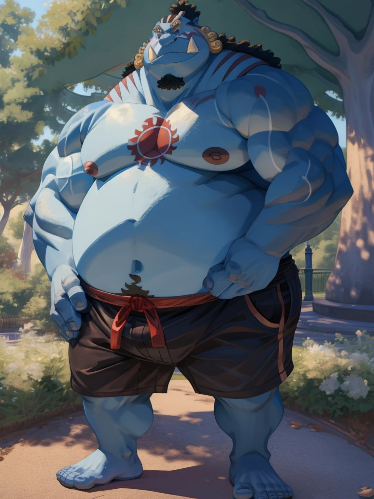 solo, 1boy, (jinbei:1.2, park, blue skin, shorts, hawaiian shirt, smile) (muscular, pectoral, chubby), park background, masterpiece, high detailed, 8k, high resolution