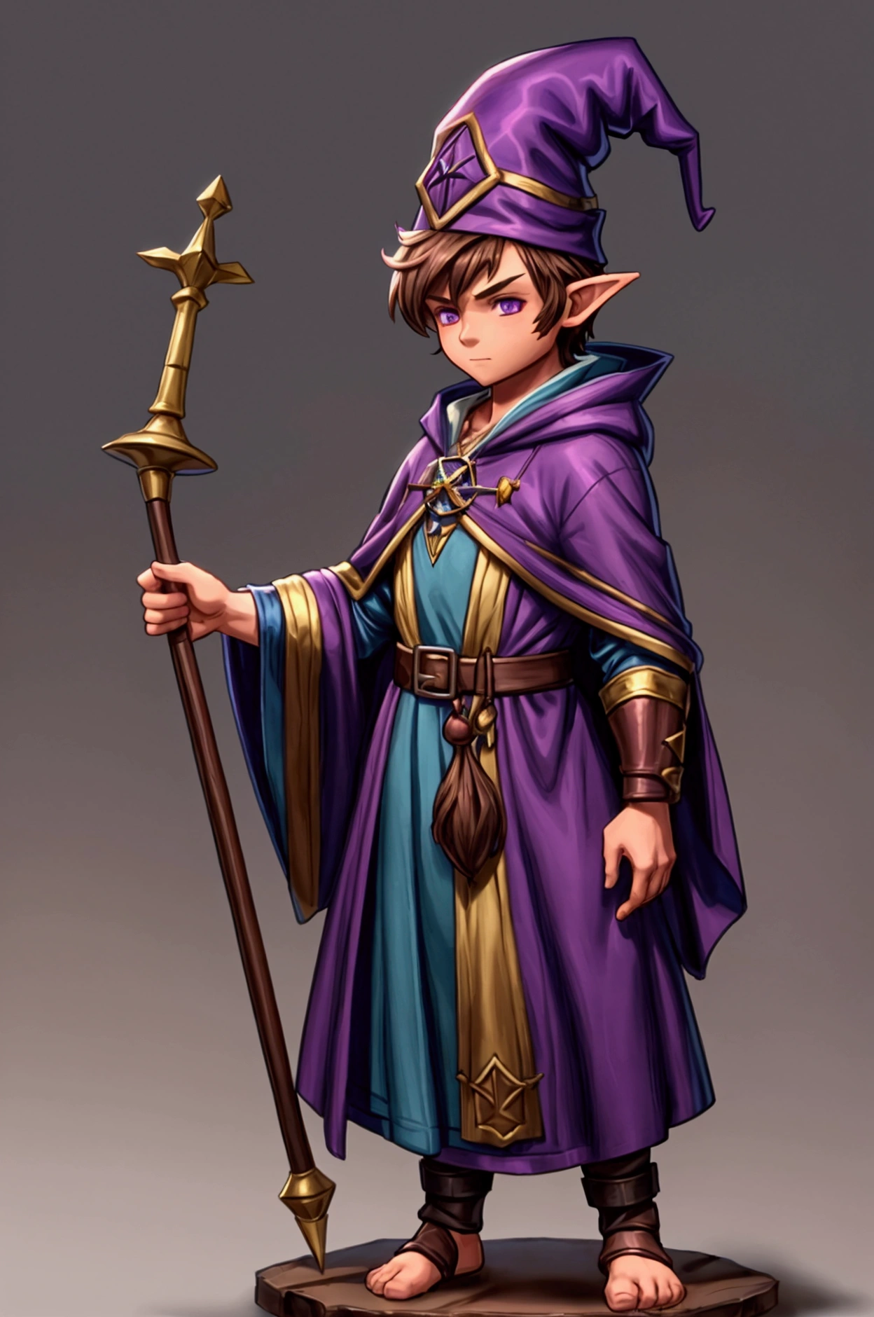 Young Gnome, Male Gnome, Young Sorcerer, Alchemist Sorcerer, alchemist, Brown hair, short hair, sideburns, short stature, pointed hat, Purple Hat, Wizard's Robe, Medieval Tunic, Magic Staff, in a dungeon, alchemy lab dungeon, anime, fancy, 4k, super detail