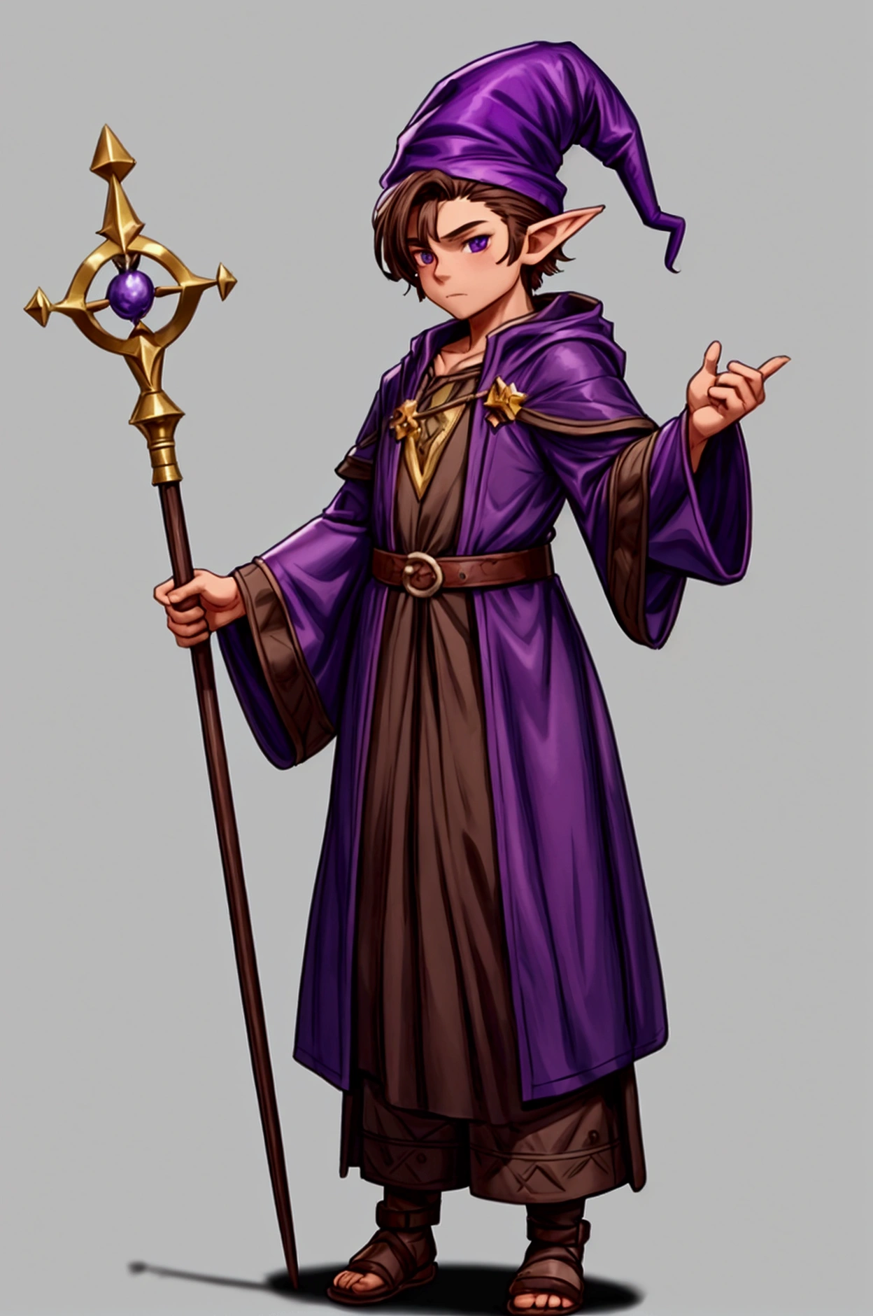 Young Gnome, Male Gnome, Young Sorcerer, Alchemist Sorcerer, alchemist, Brown hair, short hair, sideburns, short stature, pointed hat, Purple Hat, Wizard's Robe, Medieval Tunic, Magic Staff, in a dungeon, alchemy lab dungeon, anime, fancy, 4k, super detail
