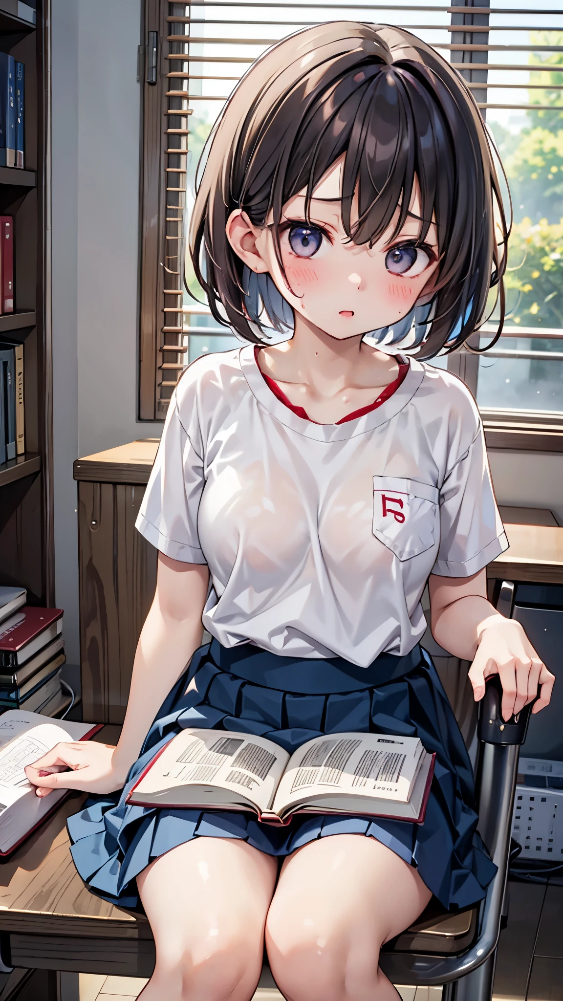 Japanese、One high school girl、、Short Hair、Summer short sleeves、itting in a chair、Reading a book、Desk in my room、Barely、looking at reference books、Serious expression、Sweating all over the face、It looks very hot、