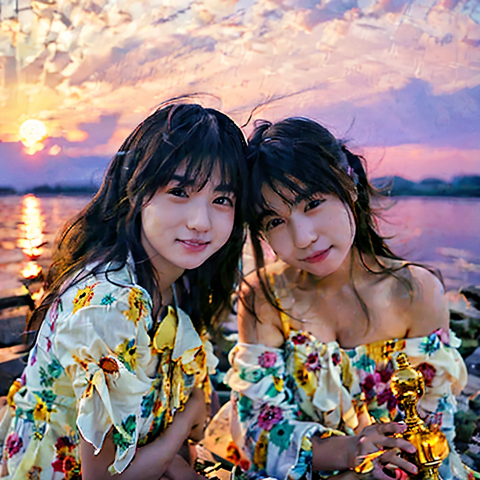 (masterpiece), (Highest quality), photograph, Identical twin sisters, Portraiture, side look Portraiture, winning award photograph, Messy Hair, the wind is strong, Outdoor, sunset, Sexy Dress