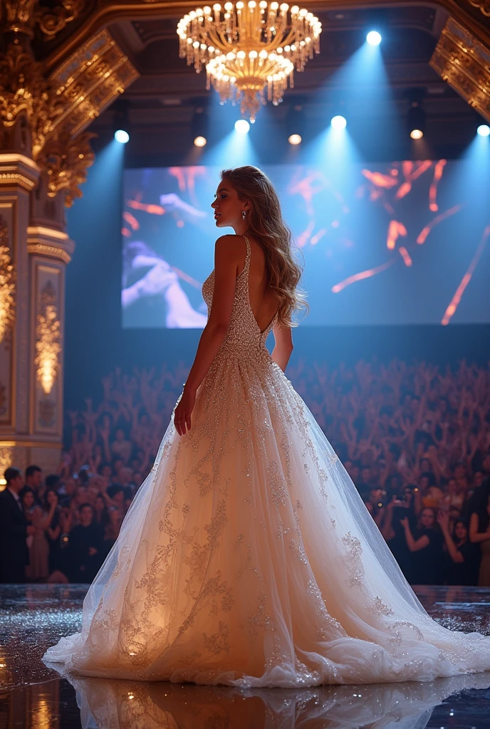 Give me a picture of the artist Martina Stoessel on a very striking and elegant concert stage