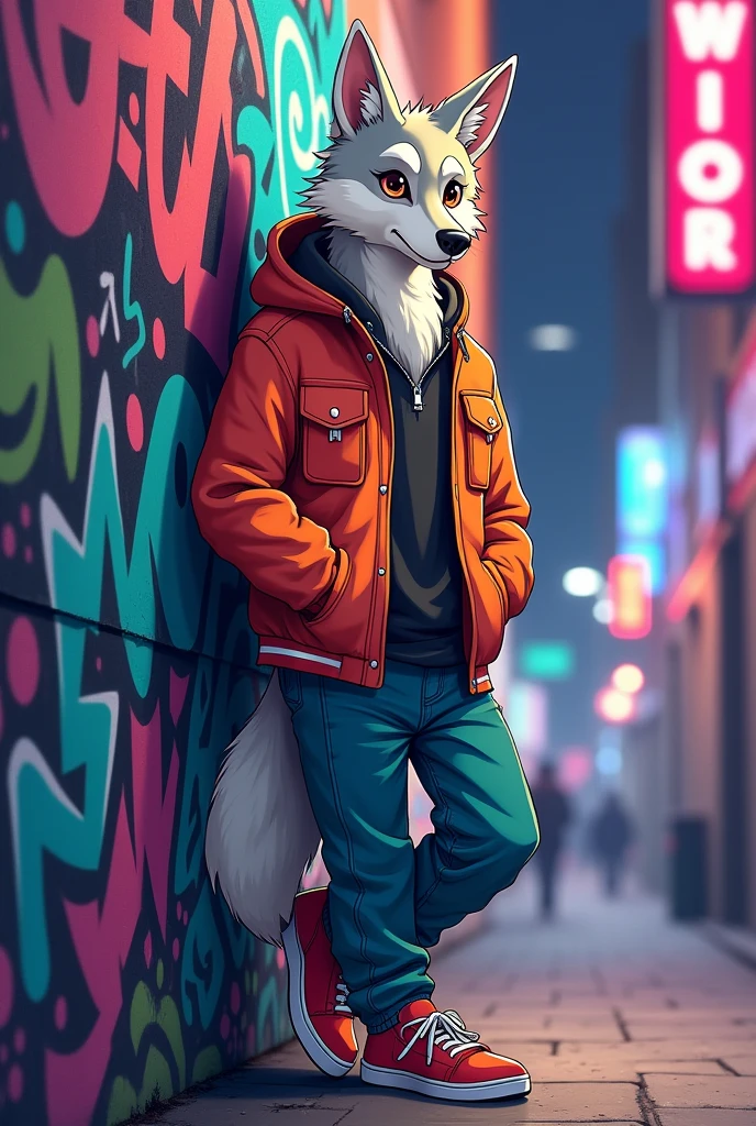 Animated wolf standing, crossing hand, pose tilted   45 degree to the side, anime style, wearing pocket ful jacket, leaning onto wall, crossing leg, casual shoes, short body