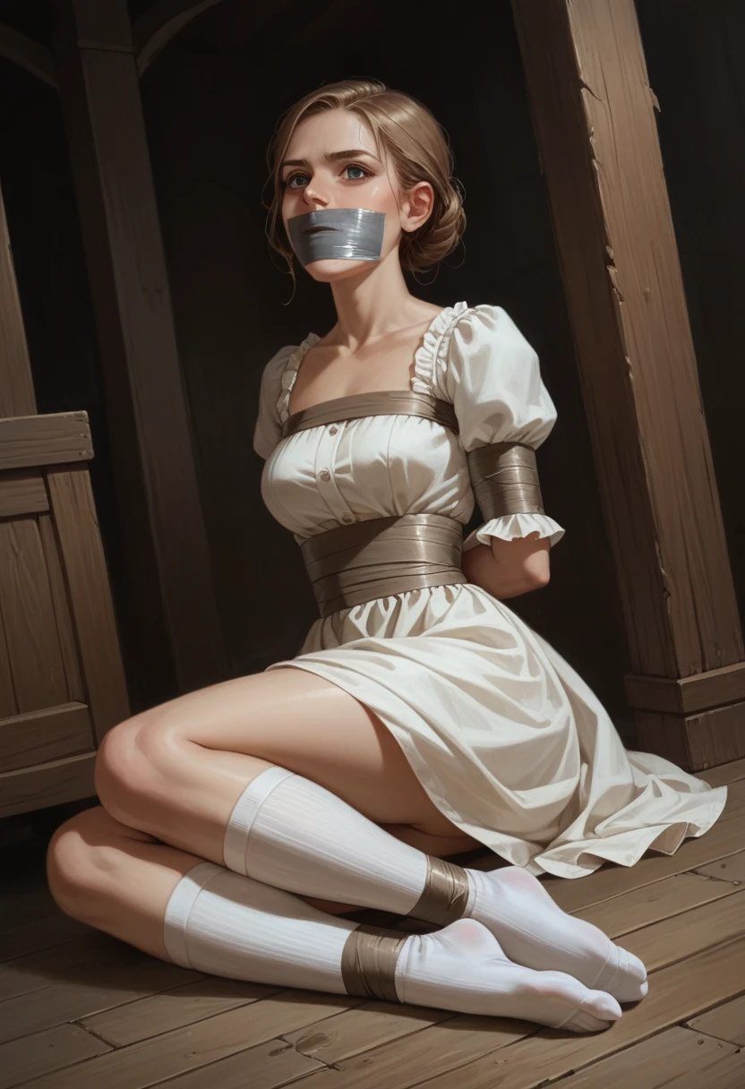 excellent quality, Maximum realism, Ultra Graphics, Gorgeous Serbian girl in medieval dress and white socks was , Her hands are tied behind her back, her legs are tied together, tape gag, tape bondage, Foot Fetish, angle on the feet, Perfect feet, 