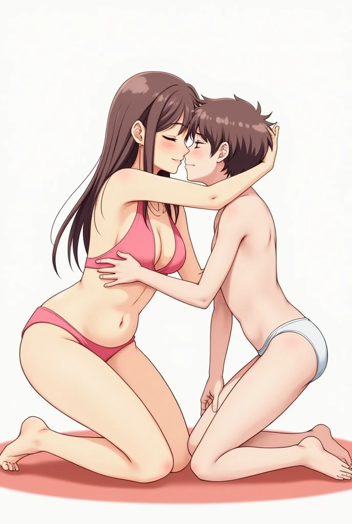 score_9, score_8_up, score_7_up, source_anime, 1boy, 1girl, mature female, mother naked and son, kid, hug kiss, smile, hand on head, kneeling, grab