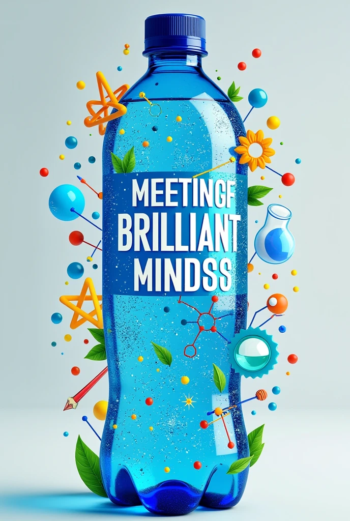 (photorealism:1.2), logo for a bottle of water, that includes scientific concepts, like h2o, using the name of math and science contest: meeting of brilliant minds, using bright colors, symbols related to chemistry and mathematics