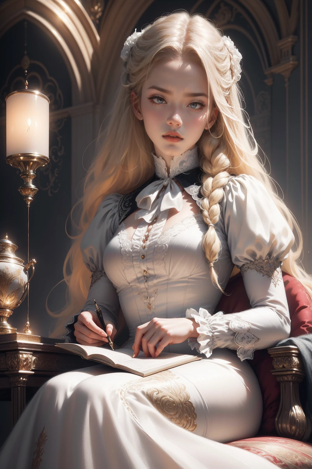 (Masterpiece - Ultra-detailed, very high resolution) Prepare to be enchanted by a true masterpiece that combines ultra-detailed art with high-resolution rendering. This work depicts a mesmerizing woman with very long blond hair (1.3) and captivating gray eyes (1.2), emanating an aura of elegance and mystery in Victorian settings. The intricate details and realistic textures invite you to explore every aspect of this enchanting composition. Woman wearing beautiful classic Victorian costume from the year 1878. Red lips. Happy face. Smiling. white (white) dress. Walking, sitting, laying down, writing, reading, backwads, looking back, upper body, dynamic poses. Get ready to dive into a world where beauty and craftsmanship merge perfectly.