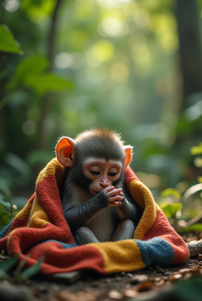 A little monkey despairs from the severity of the pain, sleeps from exhaustion and covers himself with a blanket, the full picture, precise details