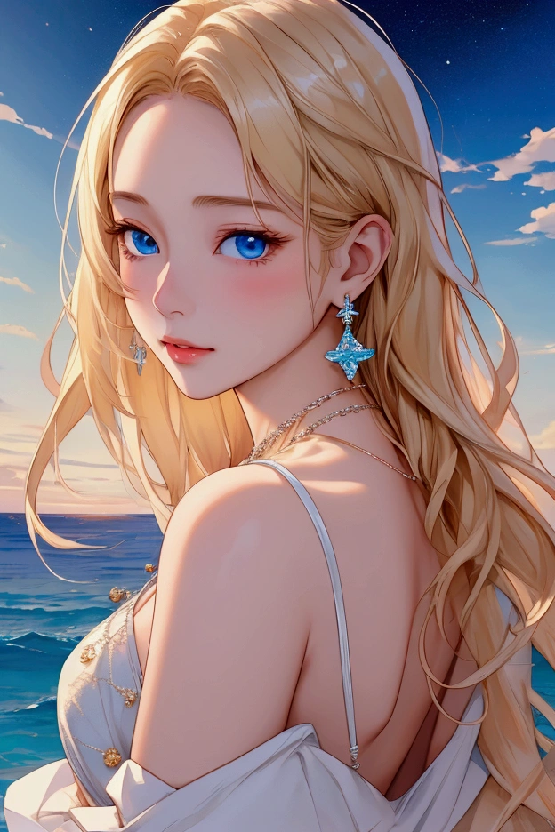 (masterpiece、Highest quality、8k、High resolution)、(The best beautiful girl)、Best Style、(The most beautiful face)、Clear skin、Clean blue eyes、Beautiful lips、Beautiful nose、Blonde Hair、Ample breasts、Walking on the sand、look back、Ocean、You can see the forest、A bright night with stars visible、Beautiful starry sky、milky way、(体whole bodyから神秘的な光の粒子、Colorful Light)、The face looks beautiful、(jewelry、necklace)、dress、(whole body)、Highly detailed anime art、A complete portrayal、