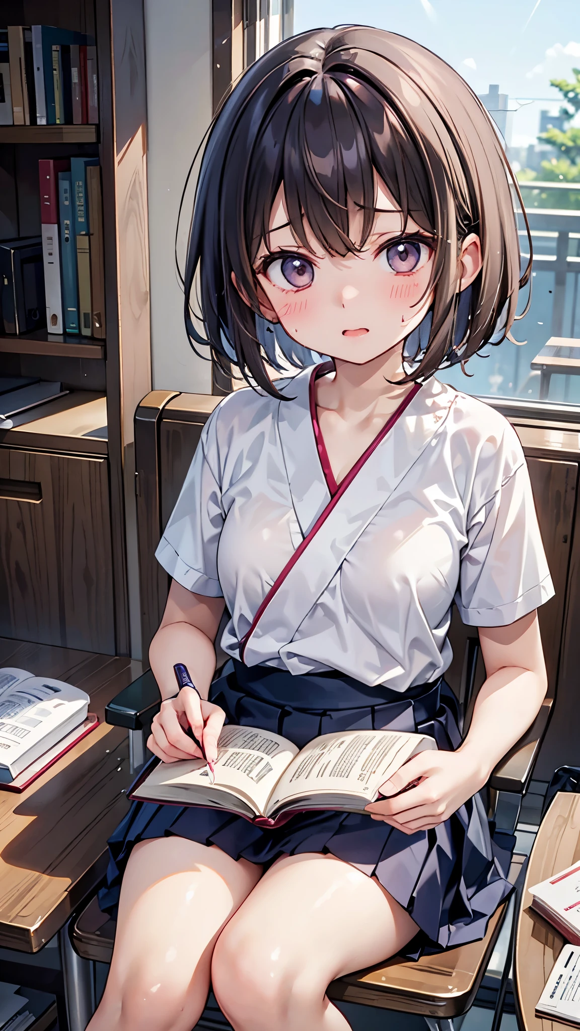 Japanese、One high school girl、、Short Hair、Summer short sleeves、itting in a chair、Reading a book、Desk in my room、Barely、looking at reference books、Serious expression、Sweating all over the face、It looks very hot、